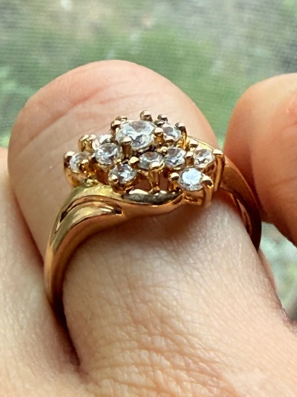 Vintage 925 Gold Vermeil Cubic Zirconia Diamond Cluster Bypass Ring